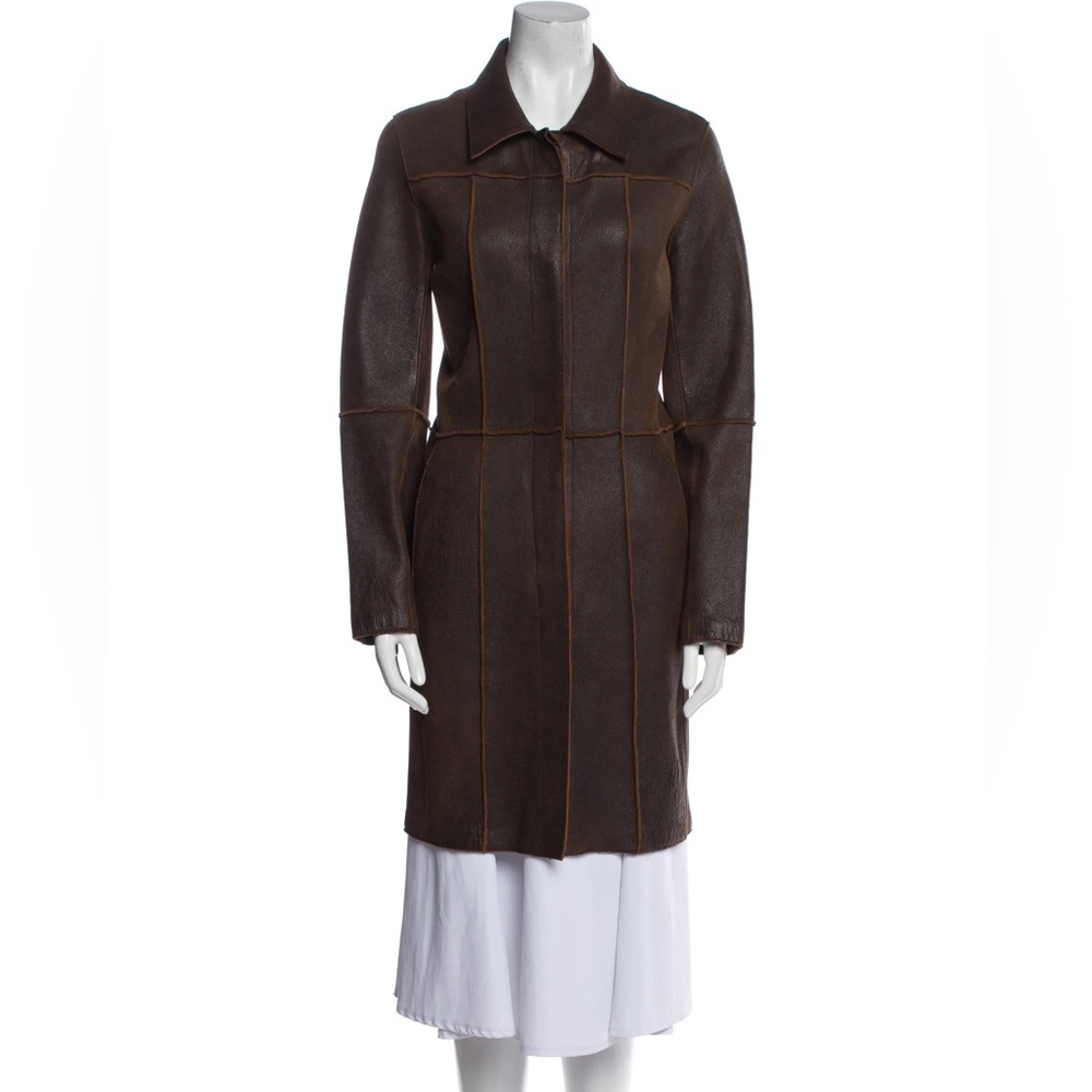 Andrew Marc Dark Brown Genuine Leather Jacket Coat Long Collared